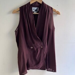 Jennifer L Sleeveless Wrap Vest Brown Silk Draped V Neck Button Front